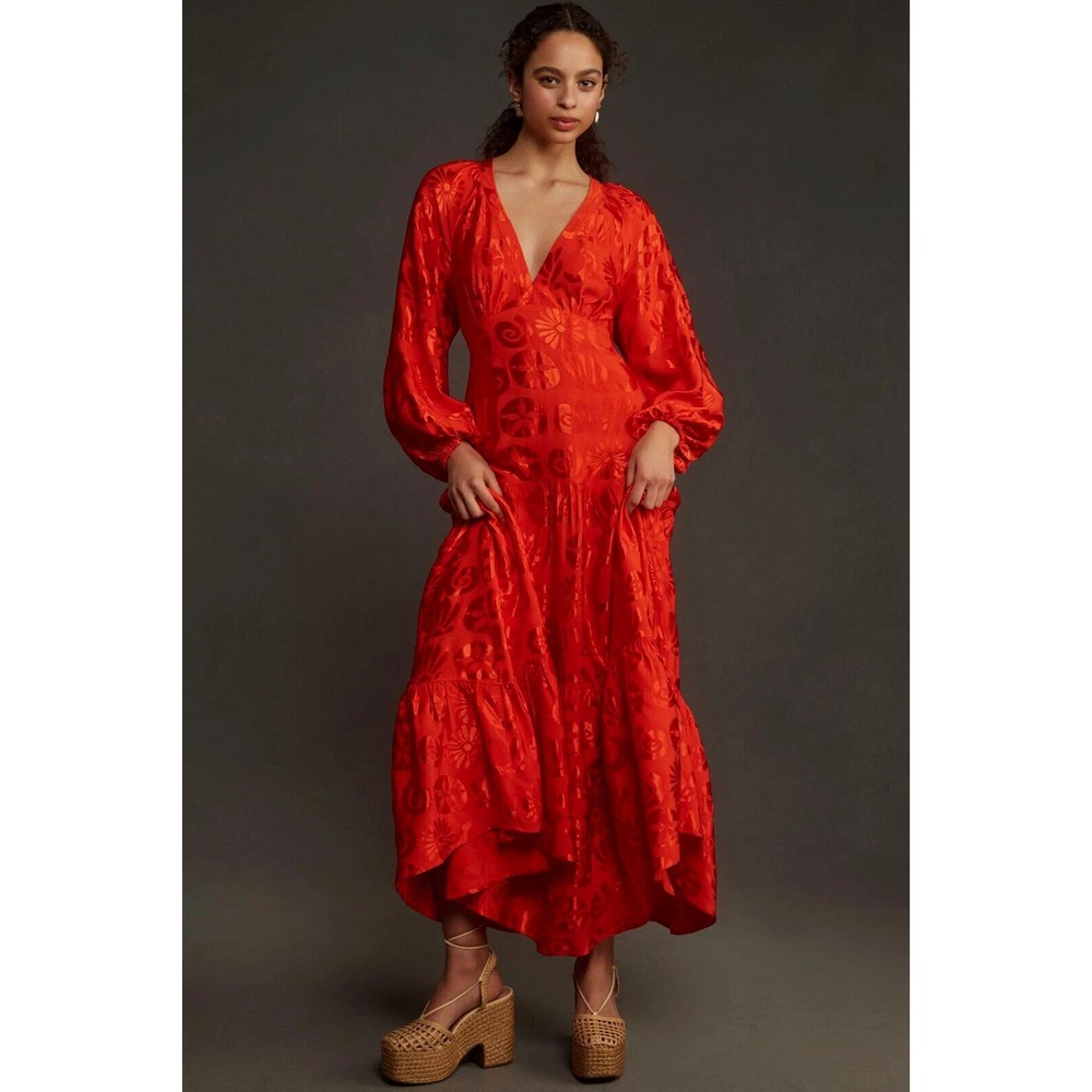 Farm Rio for Anthropologie Long Sleeve Jacquard Floral Maxi Small Wedding Hoco